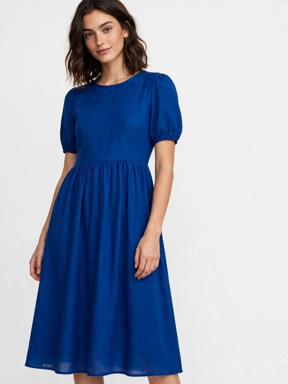 Classic Puff-Sleeve Midi Dress in Royal Blue